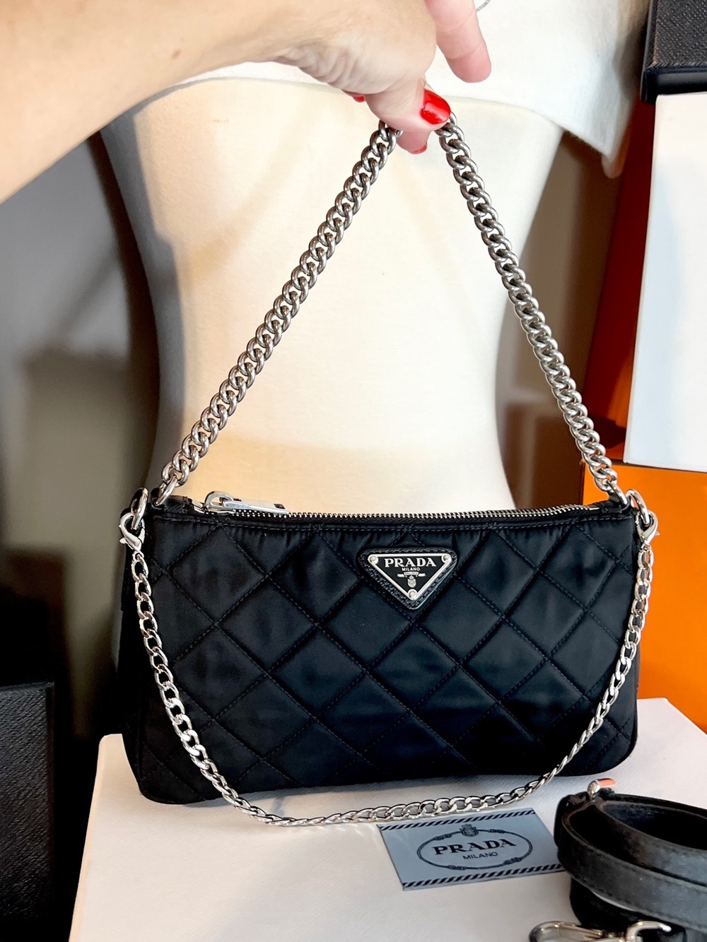PRADA!! Authentic Prada bag! Black Quilted Nylon Bag with Silver Chain! Offers! - Picture 14 of 16